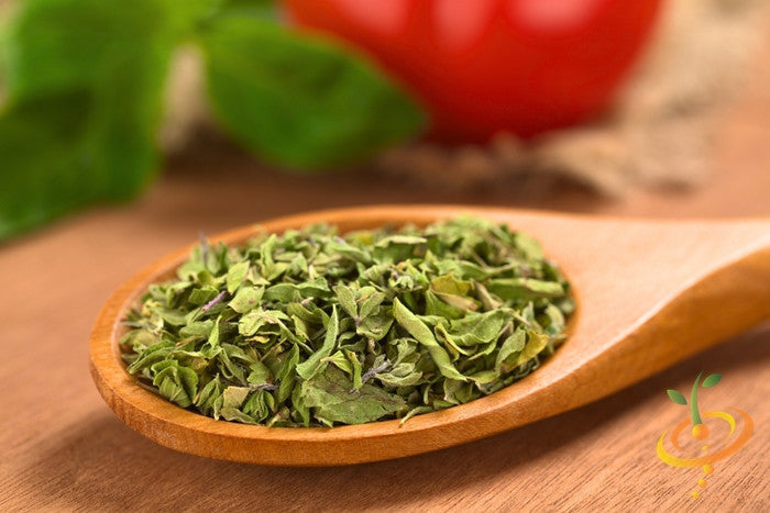 Close-up of dried Italian oregano leaves on a wooden spoon with blurred fresh herbs and tomato background