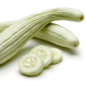 White Armenian cucumber seeds from SeedsNow, featuring elongated white cucumber with smooth skin and serpentine shape.